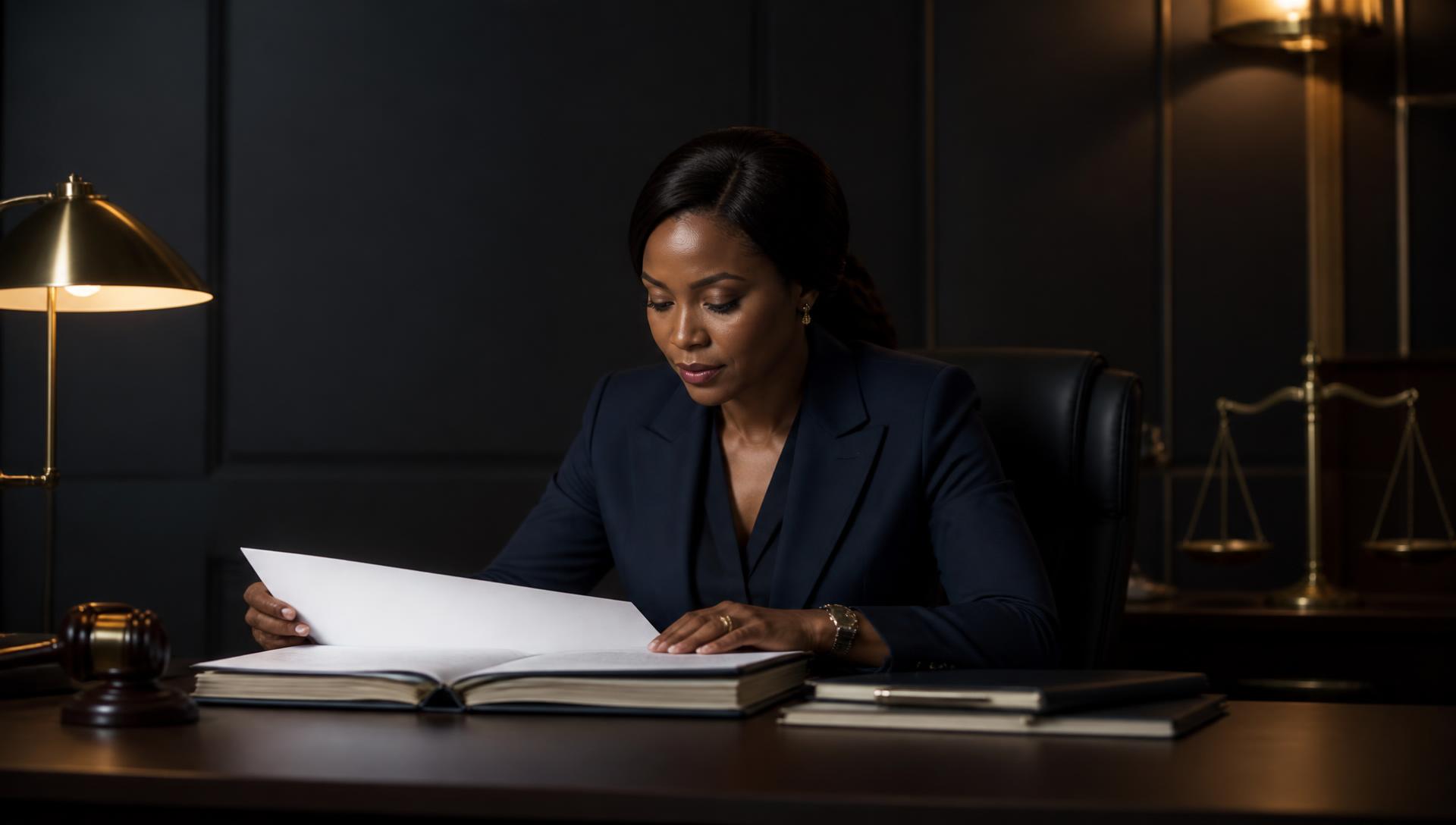 Corporate professional reviewing statutory company records at her desk