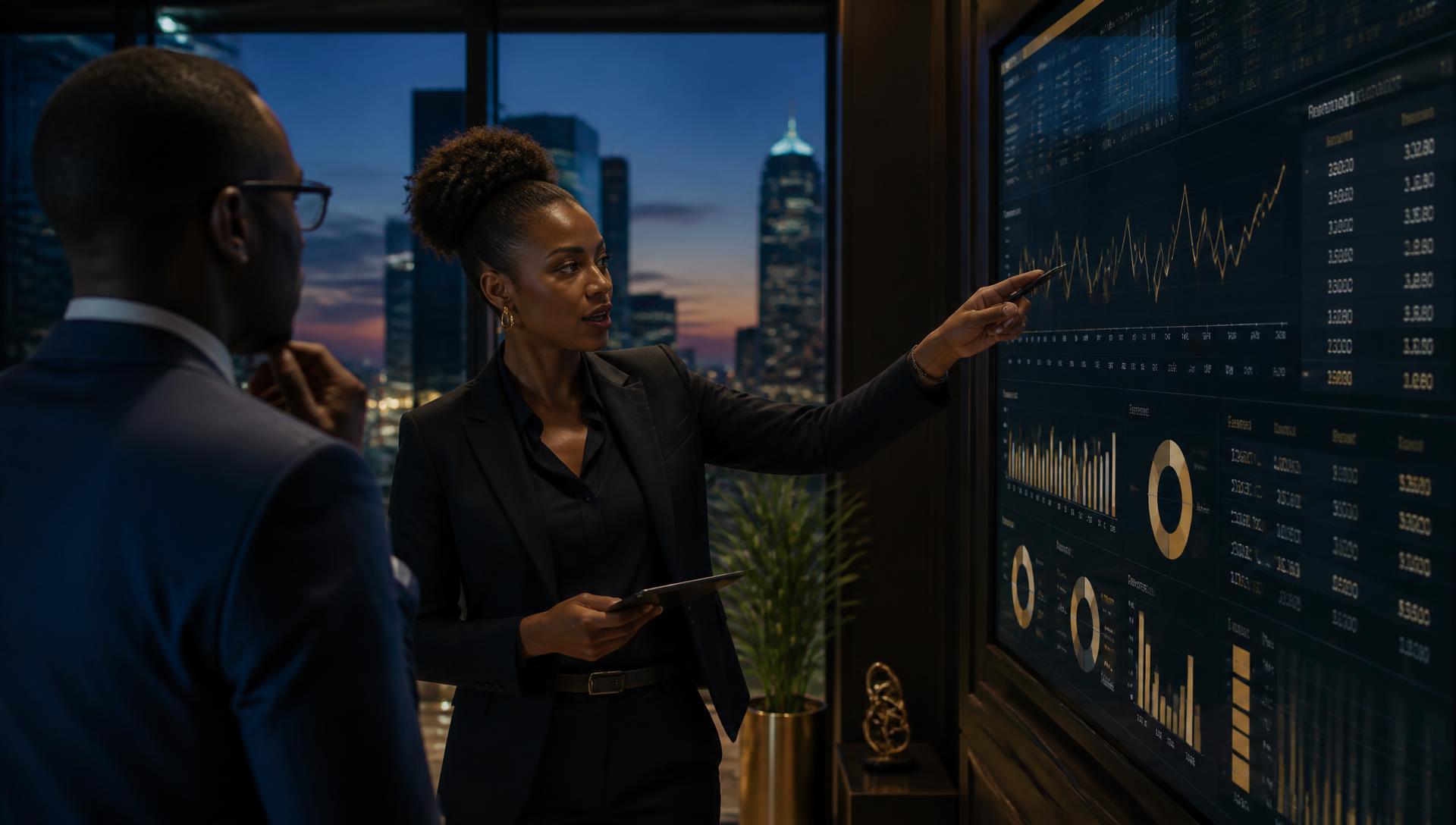 Finance consultants analysing performance dashboards on a large screen