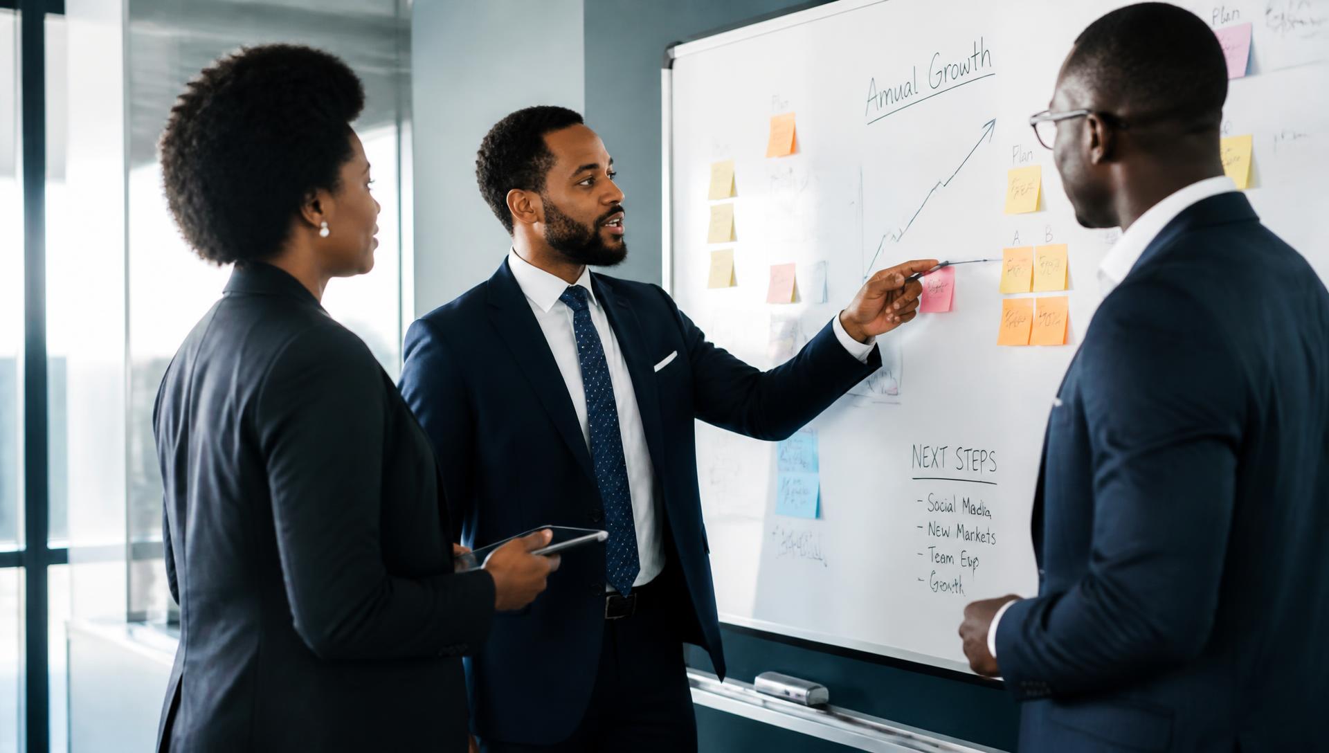 Consulting team mapping out a growth strategy on a whiteboard